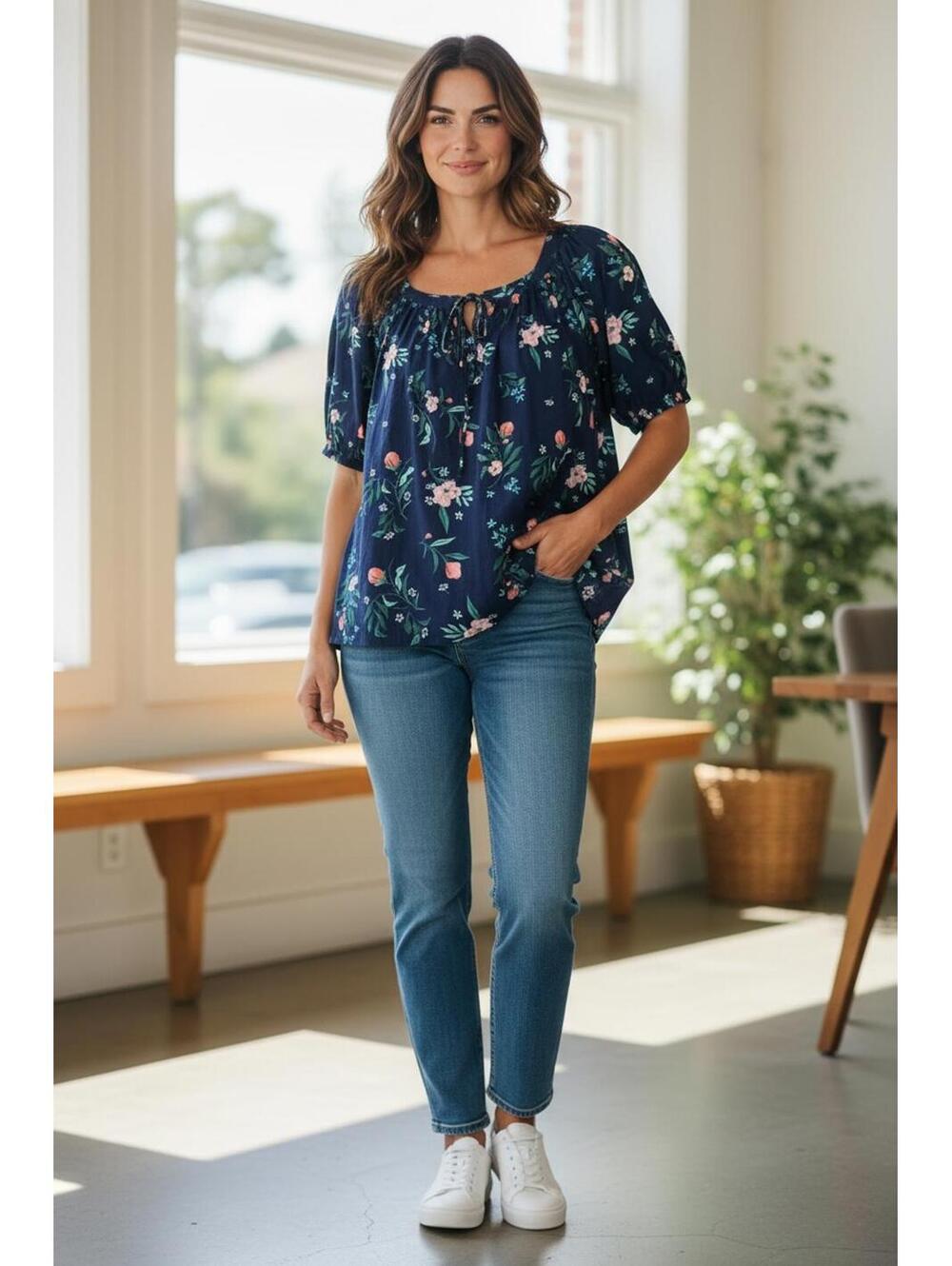 St. John's Bay Navy Floral Puff Sleeve Blouse, Size Large